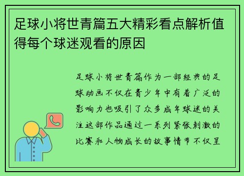 足球小将世青篇五大精彩看点解析值得每个球迷观看的原因
